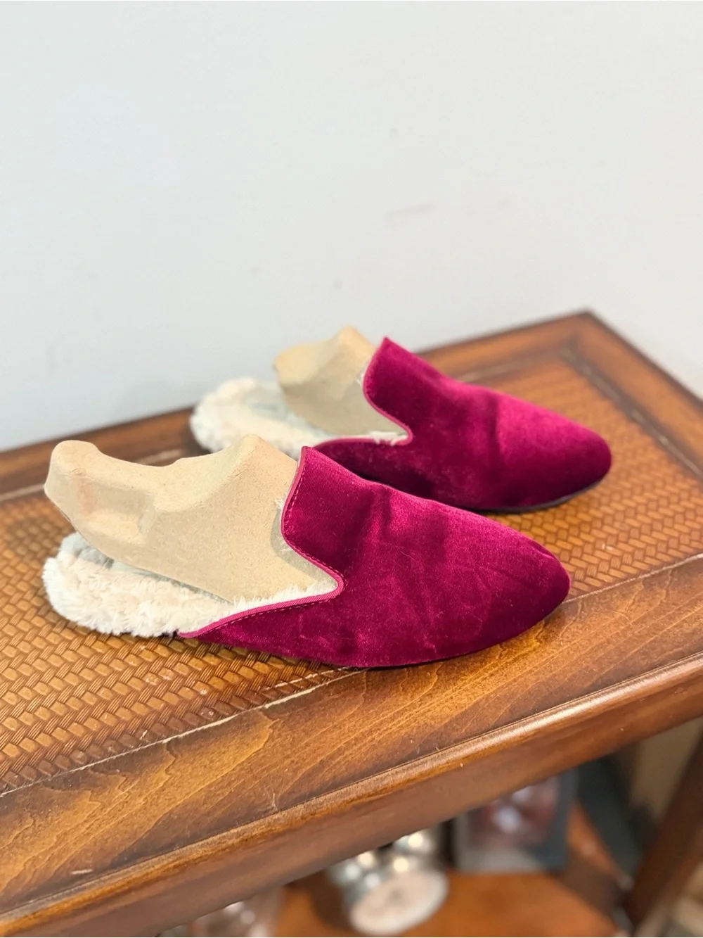 Birdies Burgundy Velvet Fur-Lined Slip-Ons